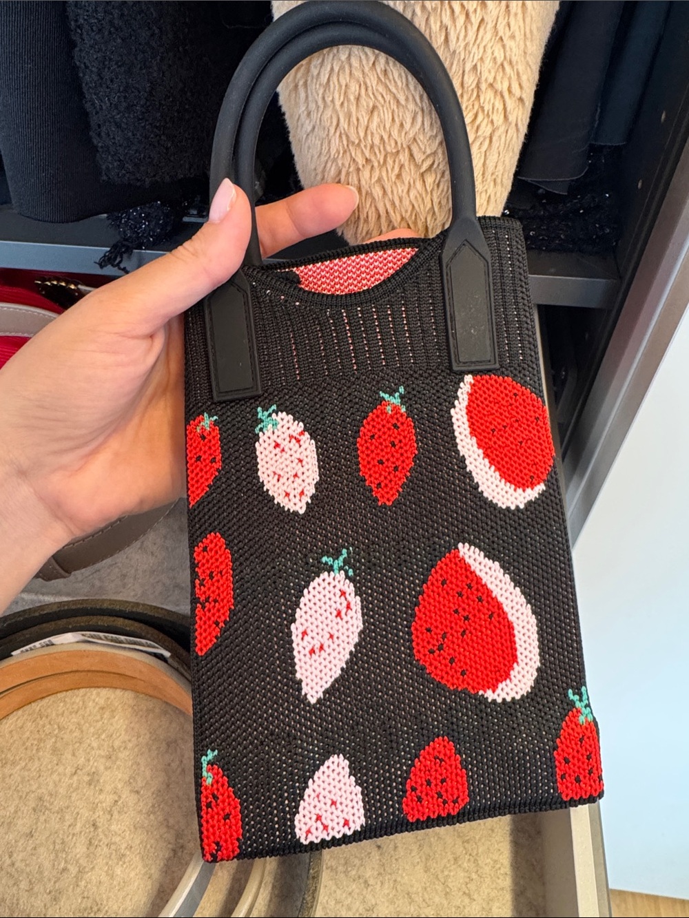 Strawberry Pattern Black Knit Tote Bag